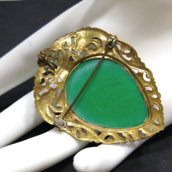 Vintage Chinese Faux Jade Brooch Pendant, Hidden Dragons Pagoda Phoenix, 1940s - Picture 3 of 10